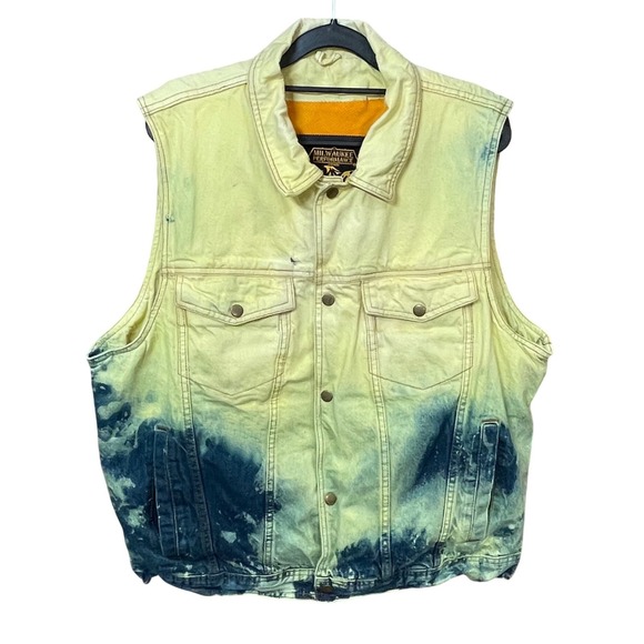 Milwaukee Performance Other - Milwaukee Performance Mens XXL Denim Motorcycle Vest Yellow Blue Acid Wash Biker